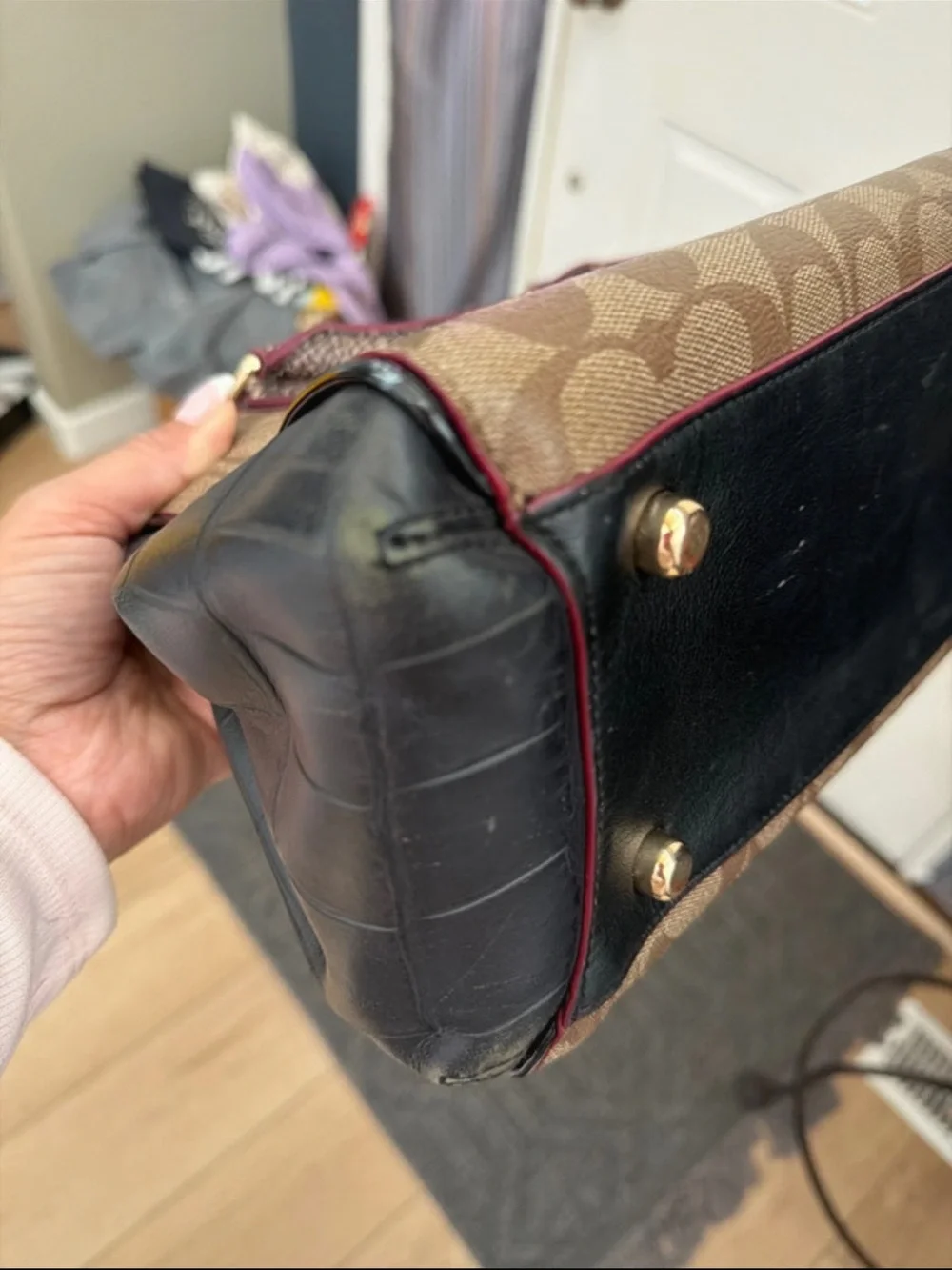 Coach Brown Signature Canvas Satchel with Black Accents
